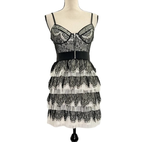BLACK Lace and White Tulle Belted Tiered Dress with Zipper - Picture 1 of 12